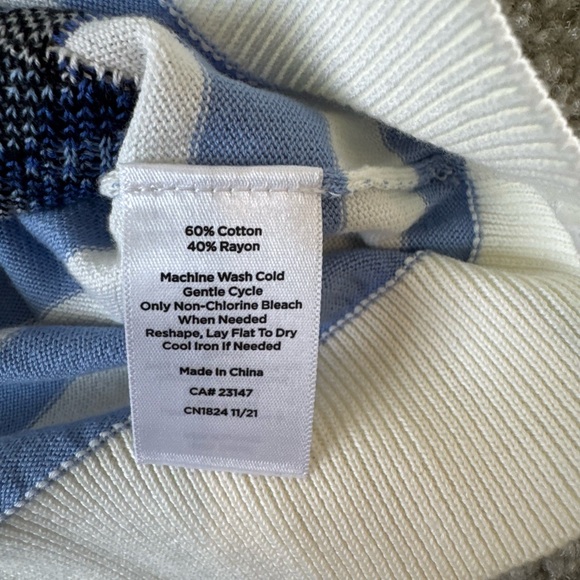 Talbots Blue and White Striped Crewneck Sweater with Blue Floral Jacquard - Picture 4 of 5